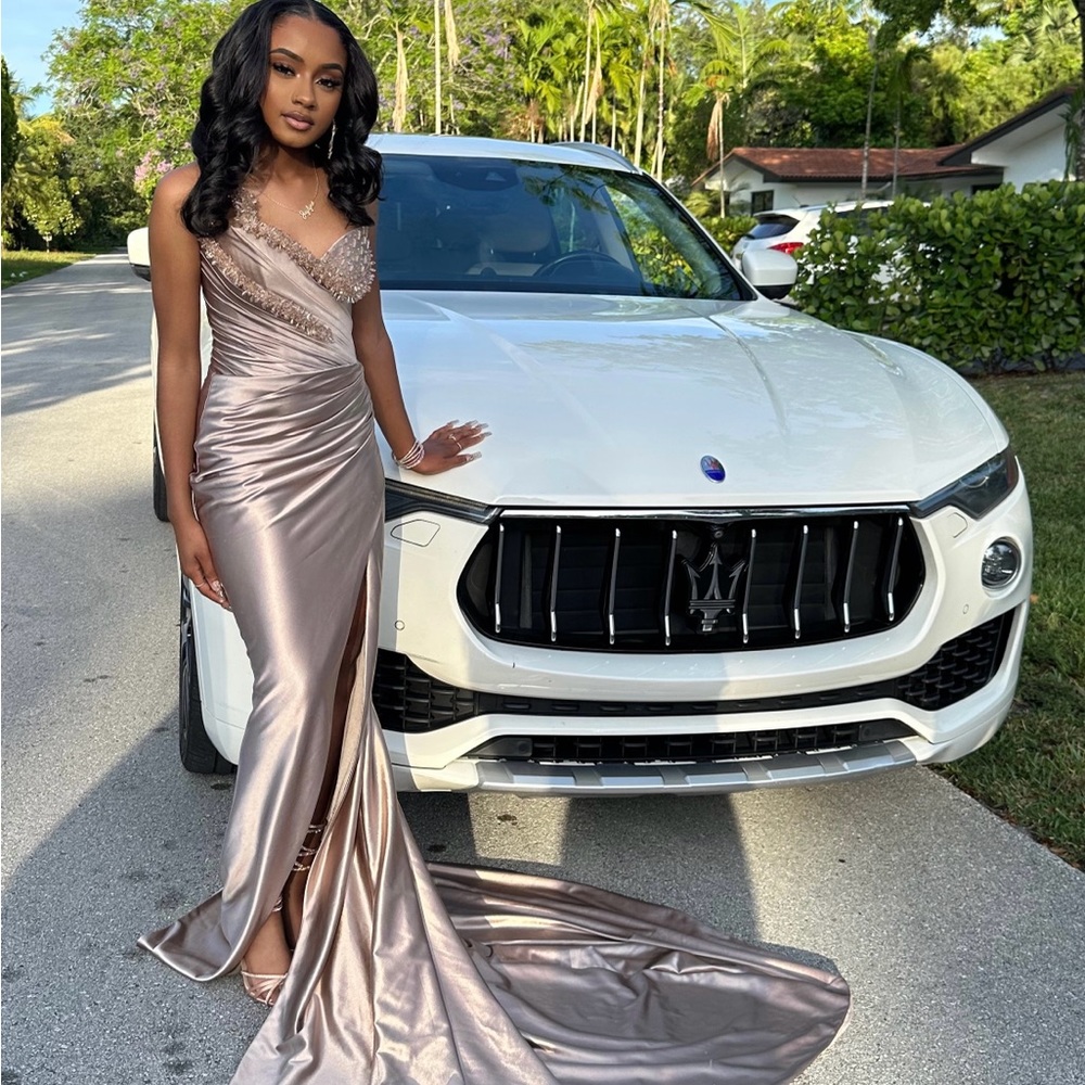 Champagne Gold Prom Dress with Slit Worn Once Cheap Price